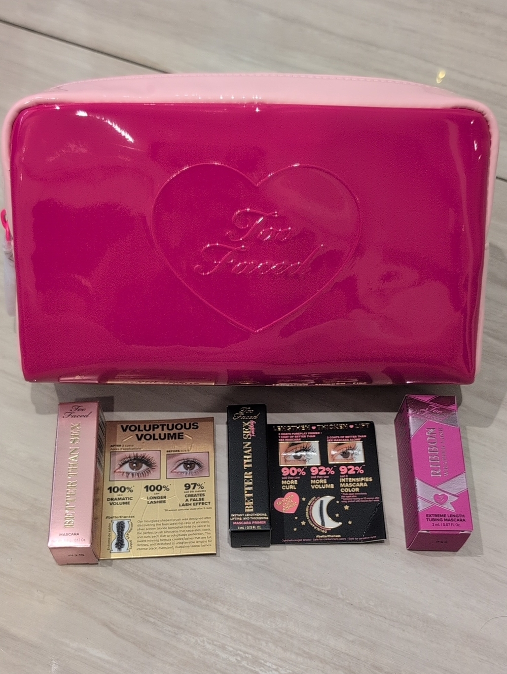 Too Faced Hot Pink Patent Heart Cosmetic Bag with Mini Makeup Set